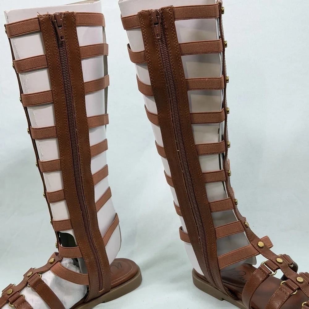 Wild‎ Pair Size-6.5M Romikaa Knee High Gladiator Sandals Brown Faux Leather